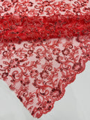 Corded Sequin Floral Fabric - Coral - Embroidery Design With Sequins on a Mesh Lace Fabric Sold By Yard