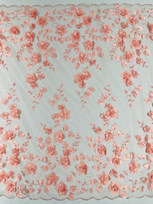 3D Floral Pearl Fabric - Coral - Embroidered Floral Pearl Fabric Double Border On Mesh By Yard