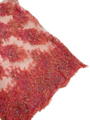 Rhinestone Beaded Fabric - Coral - Beaded Floral Rhinestone Design with Fancy Border Sold By Yard