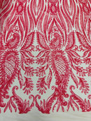 Paisley Sequin Fabric - Coral - Line Pattern 4 Way Stretch Elegant Fabric By The Yard