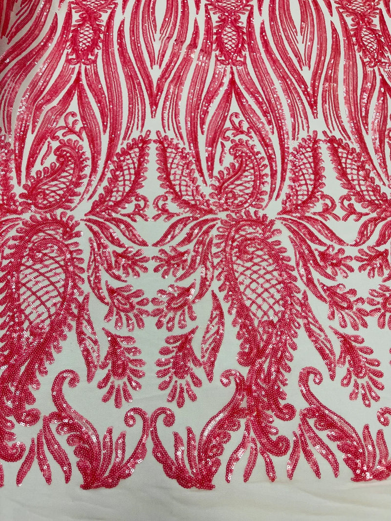 Paisley Sequin Fabric - Coral - Line Pattern 4 Way Stretch Elegant Fab