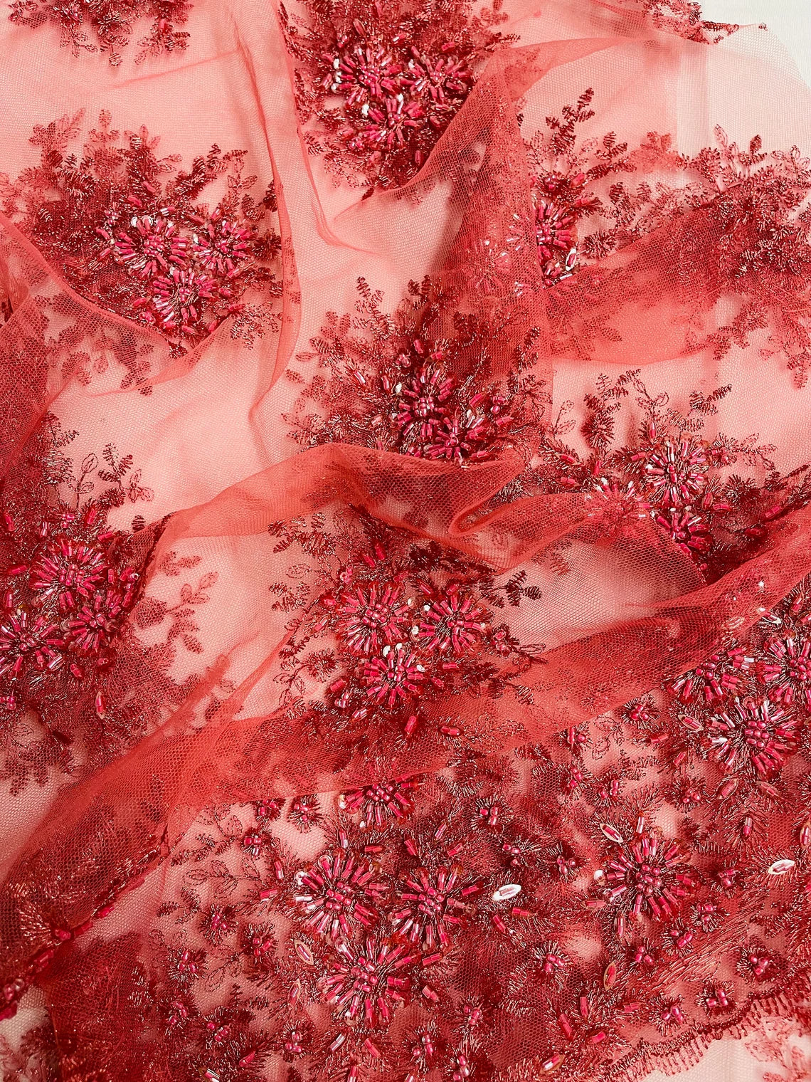 Beaded Flower Cluster Fabric - Coral - Beaded Floral Gaviota Design Embroidered On Mesh Sold By Yard