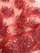 Beaded Flower Cluster Fabric - Coral - Beaded Floral Gaviota Design Embroidered On Mesh Sold By Yard