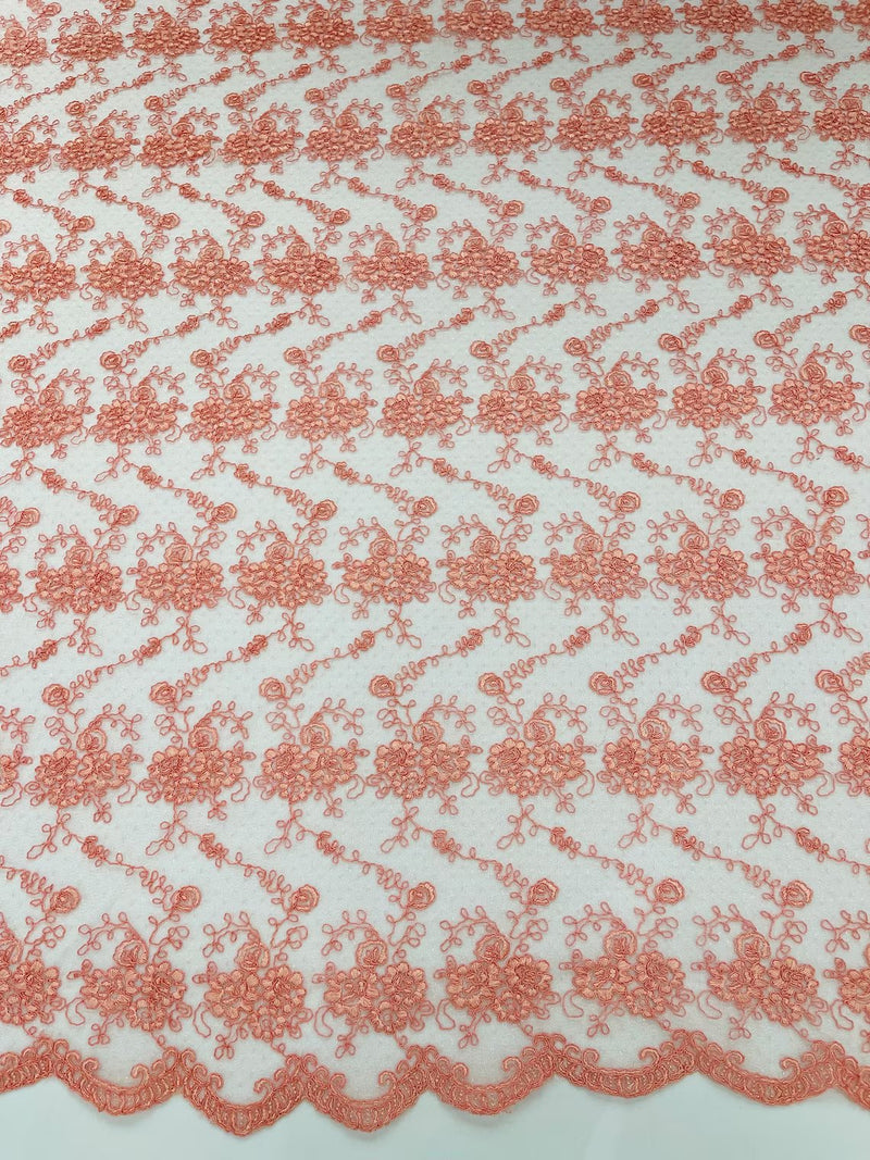Embroidered Flower Fabric - Coral - Floral Design Scalloped Border Fabric By Yard