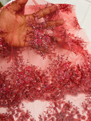 Beaded Flower Cluster Fabric - Coral - Beaded Floral Gaviota Design Embroidered On Mesh Sold By Yard