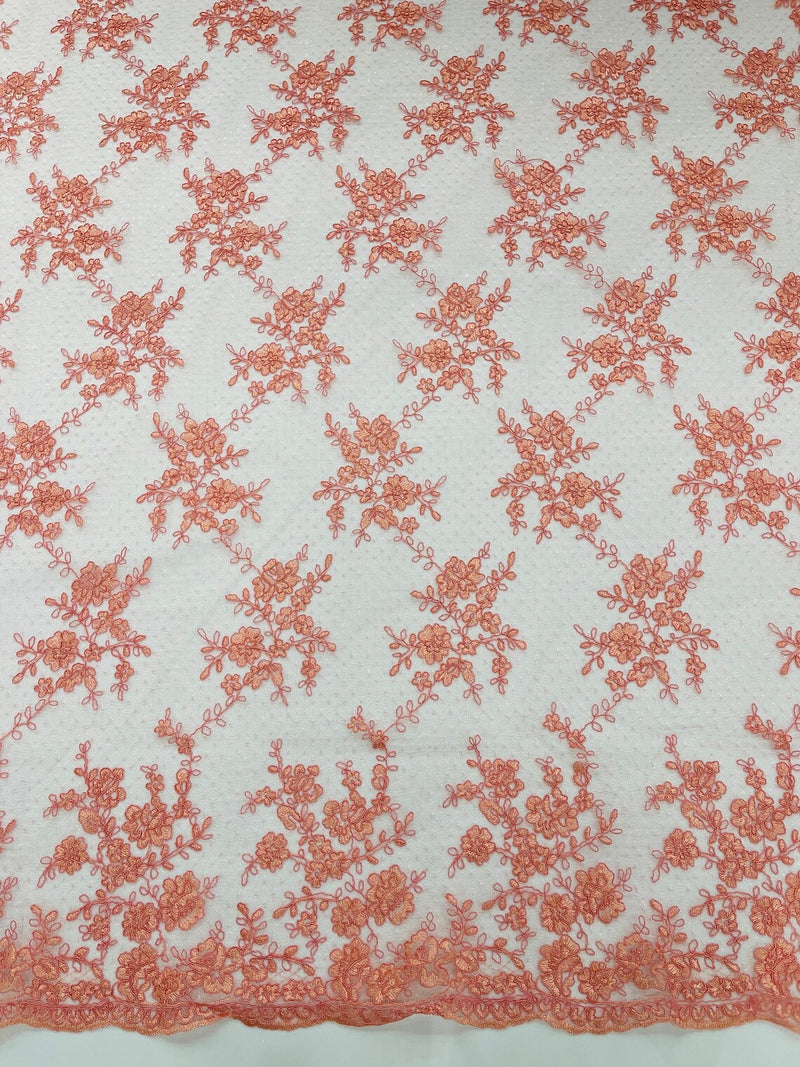 Embroidered Corded Lace Fabric - Coral - Cluster Fancy Flower Embroidered Lace Fabric By Yard