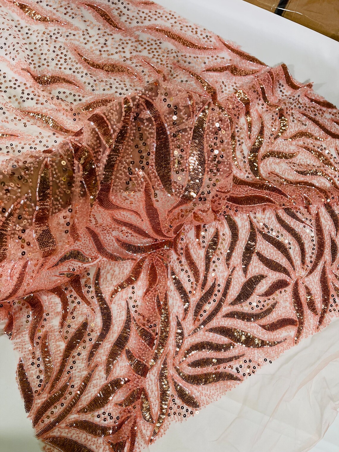 Beaded Fire Design Fabric - Coral - Fire Flame Design Sequins and Beads on Mesh by Yard