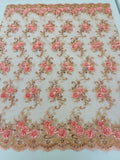 Flower Lace Fabric - Coral Pink - Embroidered Flower With Sequins on a Mesh Lace Fabric By Yard