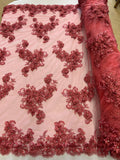 3D Flowers and Rhinestone - Coral - Elegant Realistic Flowers Embroidered On Lace Fabric By Yard