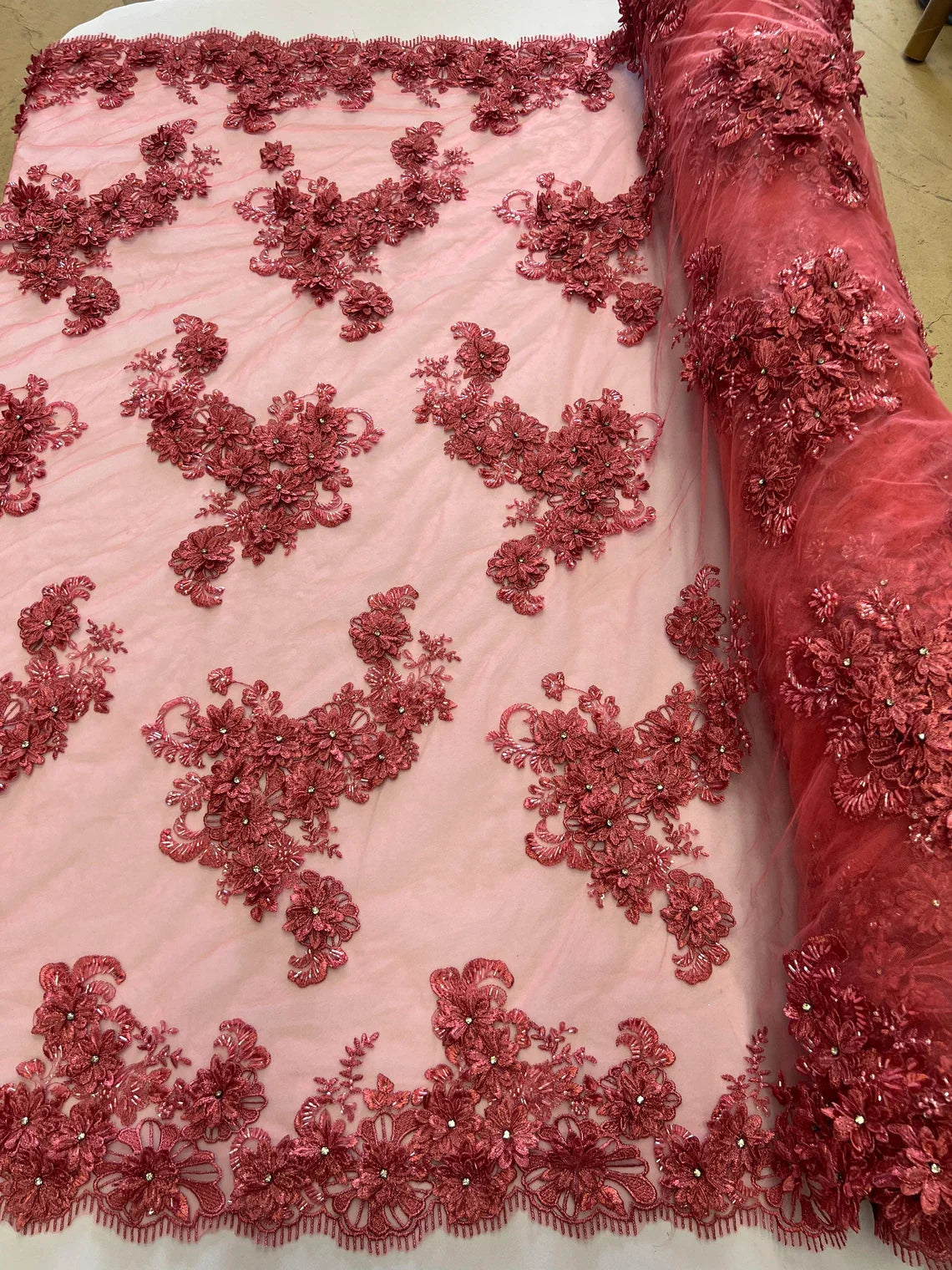 3D Flowers and Rhinestone - Coral - Elegant Realistic Flowers Embroidered On Lace Fabric By Yard