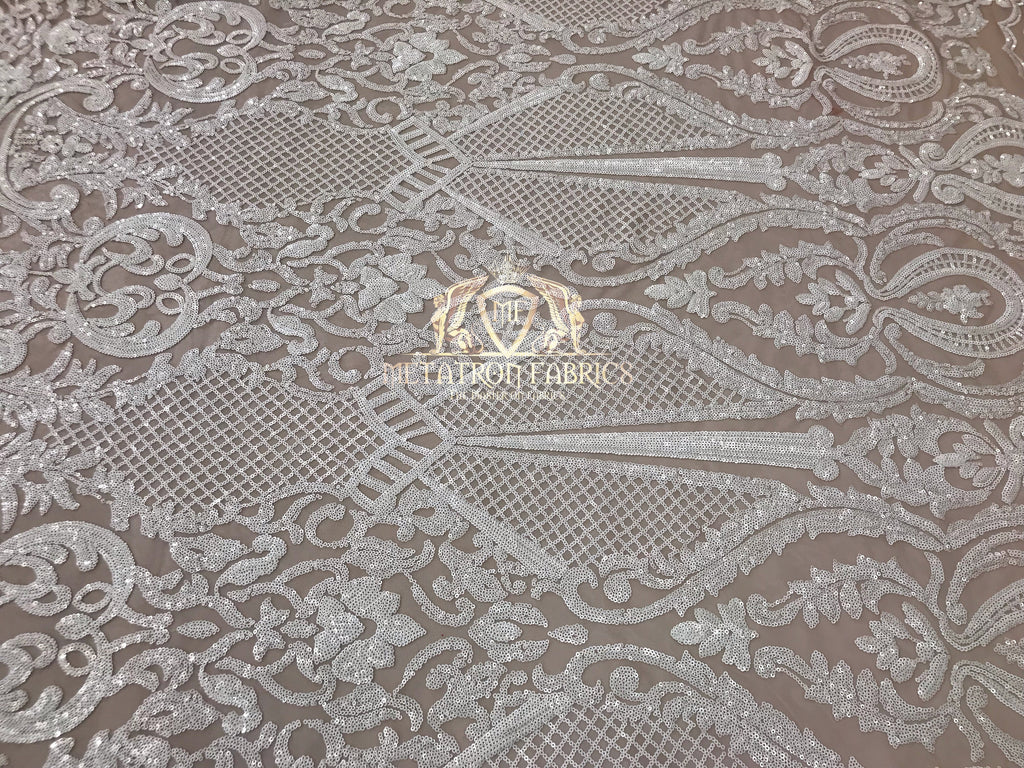 Sequins - White on Nude Mesh - 4 Way Stretch Fancy Fabric Embroidered On Mesh Sold By The Yard