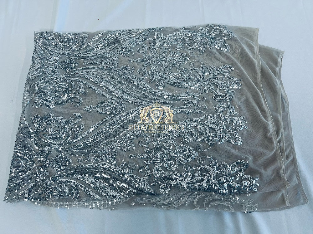 Big Damask Sequins Fabric - Silver - 4 Way Stretch Damask Sequins Design Fabric By Yard