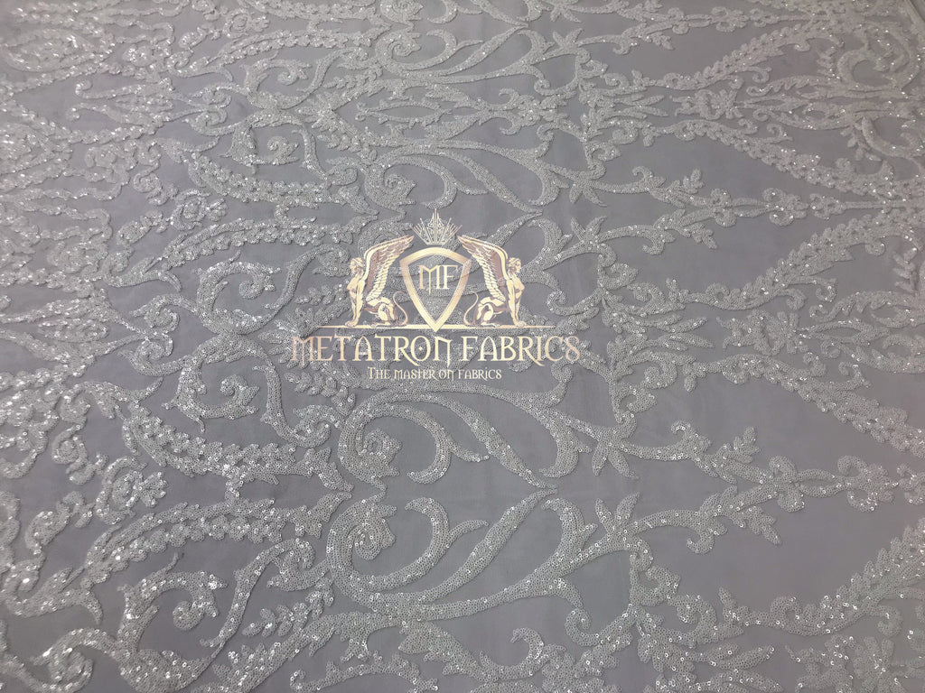 4 Way Stretch - White - Sequins Damask Design Fabric Embroidered On Mesh Sold By The Yard
