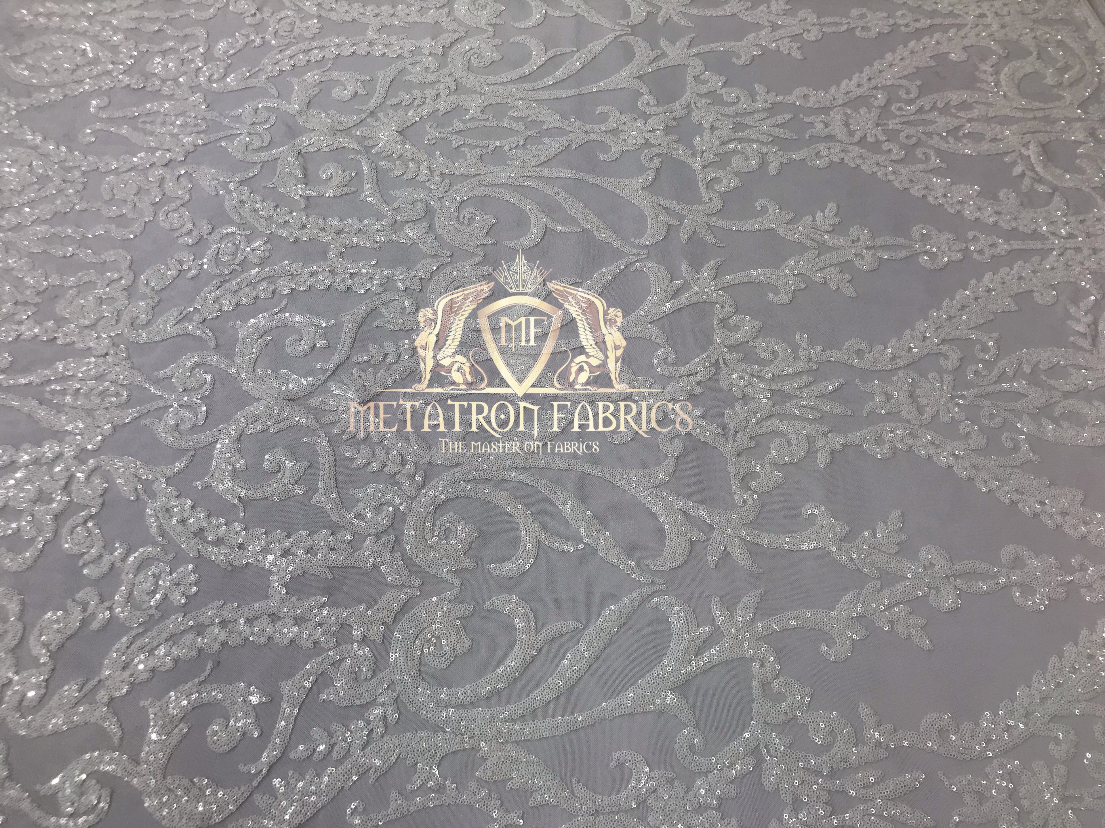 4 Way Stretch - White - Sequins Damask Design Fabric Embroidered On Mesh Sold By The Yard