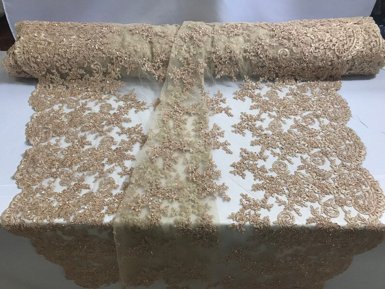 Champagne Beaded Bridal Lace, Sold By The Yard Embroidered Floral Wedding Beaded Fabric with Sequin