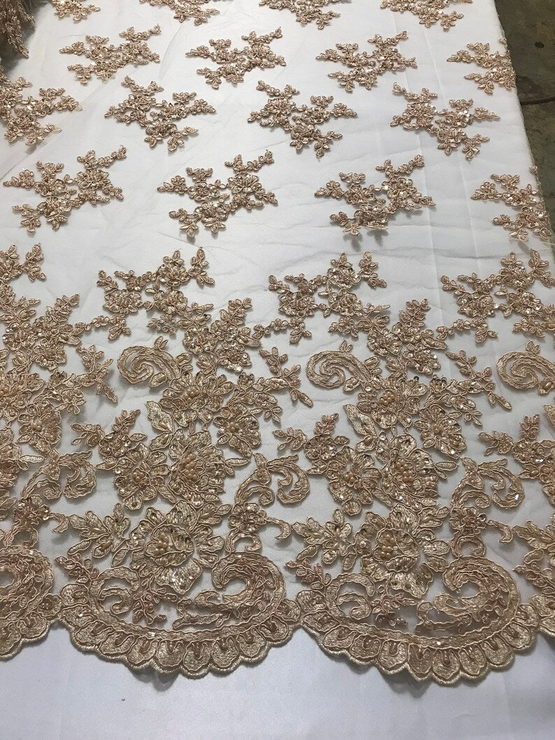 Champagne Beaded Bridal Lace, Sold By The Yard Embroidered Floral Wedding Beaded Fabric with Sequin