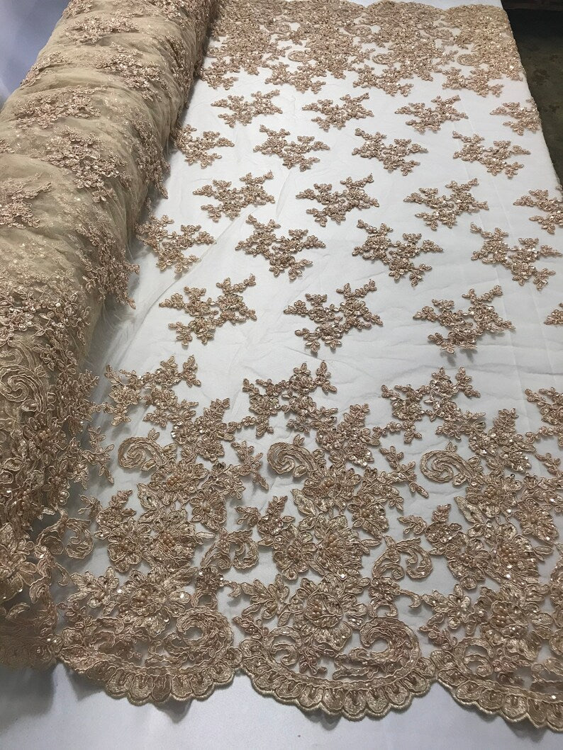 Beaded Bridal Lace, Sold By The Yard Embroidered Floral Wedding Beaded Fabric with Sequin