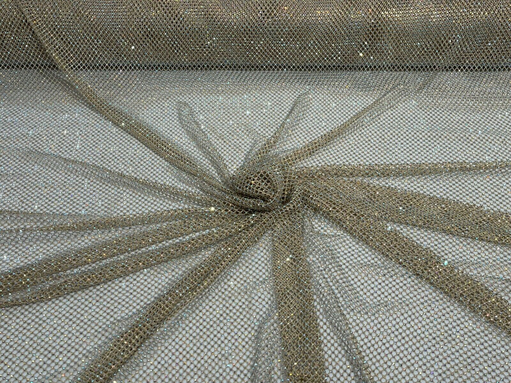 Iridescent Rhinestones Fabric On Stretch Net Fabric, Fish Net with Crystal Stones by yard