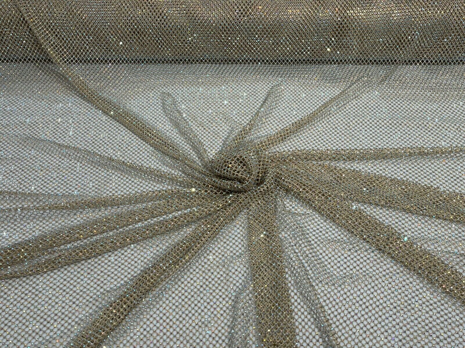 Iridescent Rhinestones Fabric On Stretch Net Fabric, Fish Net with Crystal Stones by yard