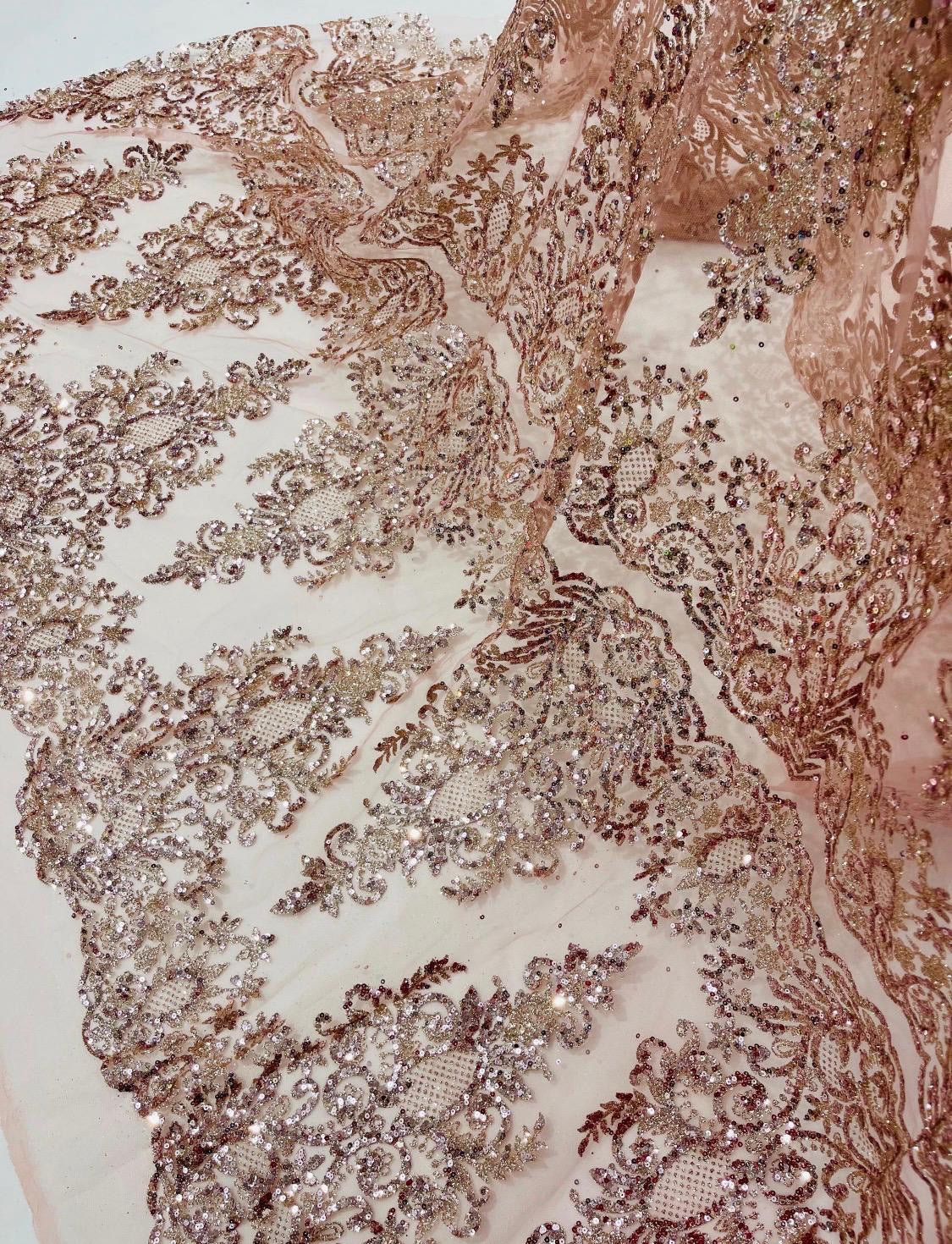 Rose Damask Glitter Fabric - Glitter Design Fabric on Mesh by Yard