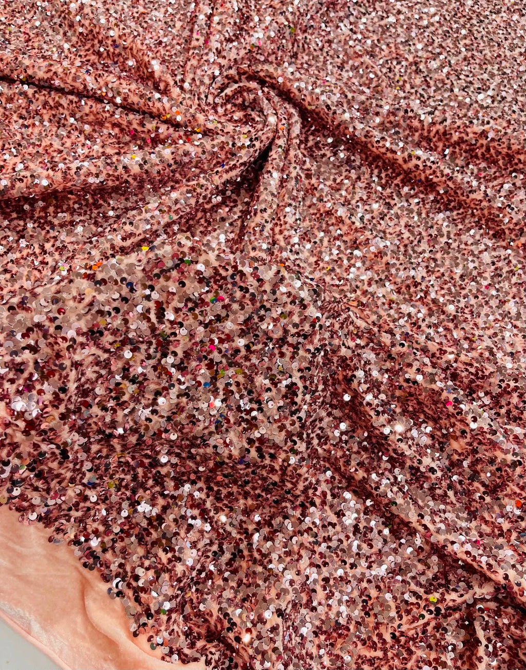 Rose Gold Velvet Stretch Sequins - Sequins on 2 Way Stretch Velvet Fabric 58/60”