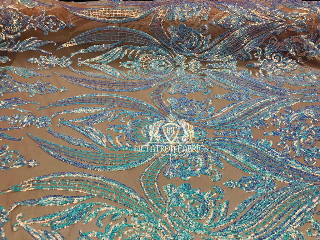 Big Damask Sequins Fabric - Iridescent Aqua - 4 Way Stretch Damask Sequins Design Fabric By Yard