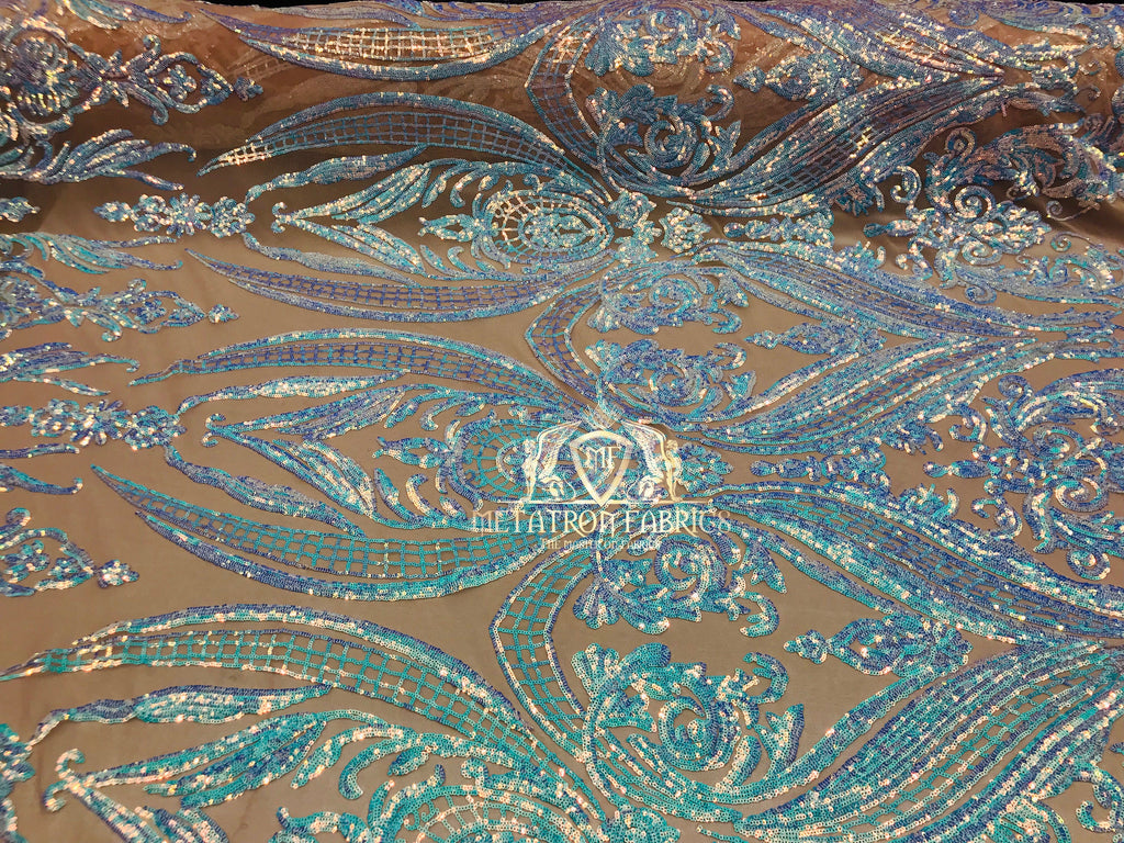 Big Damask Sequins Fabric - Iridescent Aqua - 4 Way Stretch Damask Sequins Design Fabric By Yard