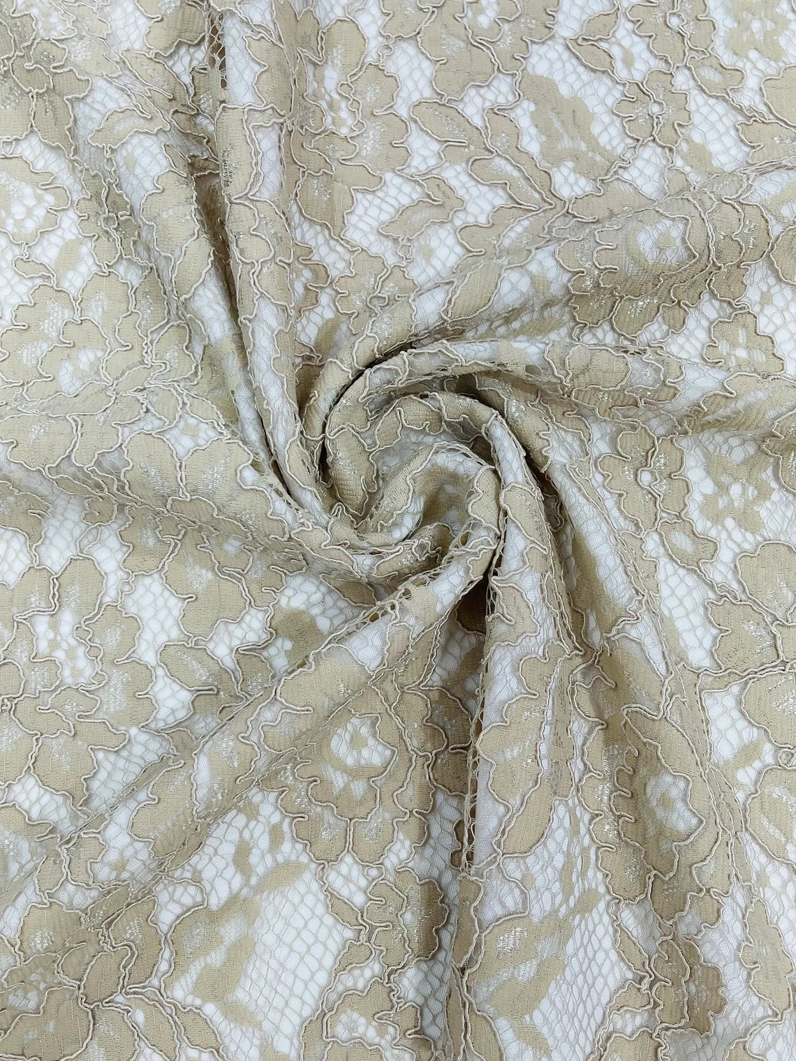 Corded Lace Fabric - Dark Champagne - Embroidered Flower Design Lace Fabric Sold By Yard