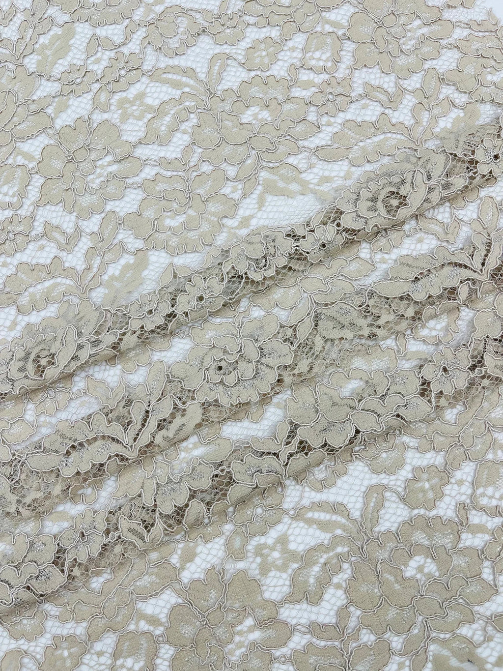 Corded Lace Fabric - Dark Champagne - Embroidered Flower Design Lace Fabric Sold By Yard