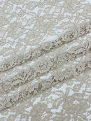 Corded Lace Fabric - Dark Champagne - Embroidered Flower Design Lace Fabric Sold By Yard
