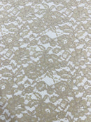 Corded Lace Fabric - Dark Champagne - Embroidered Flower Design Lace Fabric Sold By Yard