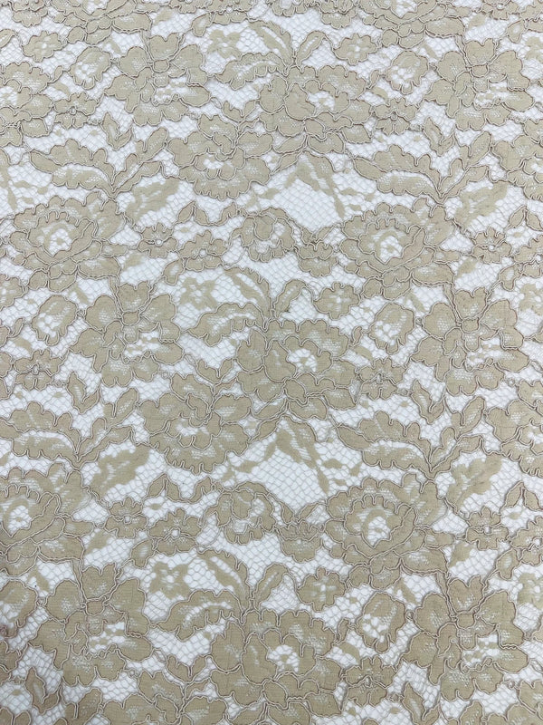 Corded Lace Fabric - Dark Champagne - Embroidered Flower Design Lace Fabric Sold By Yard