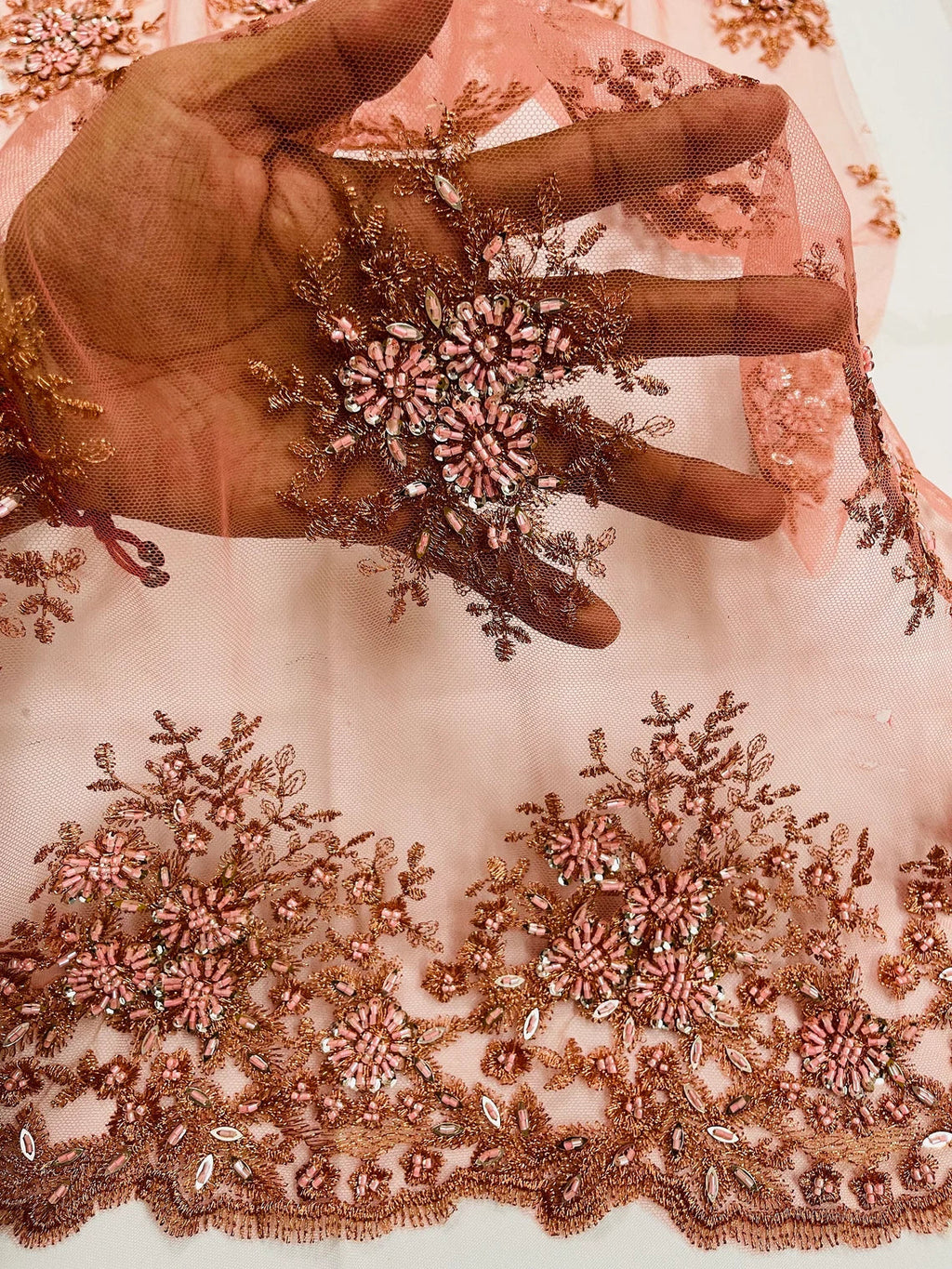 Beaded Flower Cluster Fabric - Dark Coral - Beaded Floral Gaviota Design Embroidered On Mesh Sold By Yard