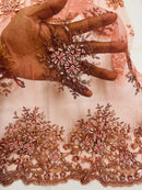 Beaded Flower Cluster Fabric - Dark Coral - Beaded Floral Gaviota Design Embroidered On Mesh Sold By Yard