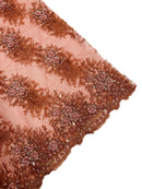 Beaded Flower Cluster Fabric - Dark Coral - Beaded Floral Gaviota Design Embroidered On Mesh Sold By Yard