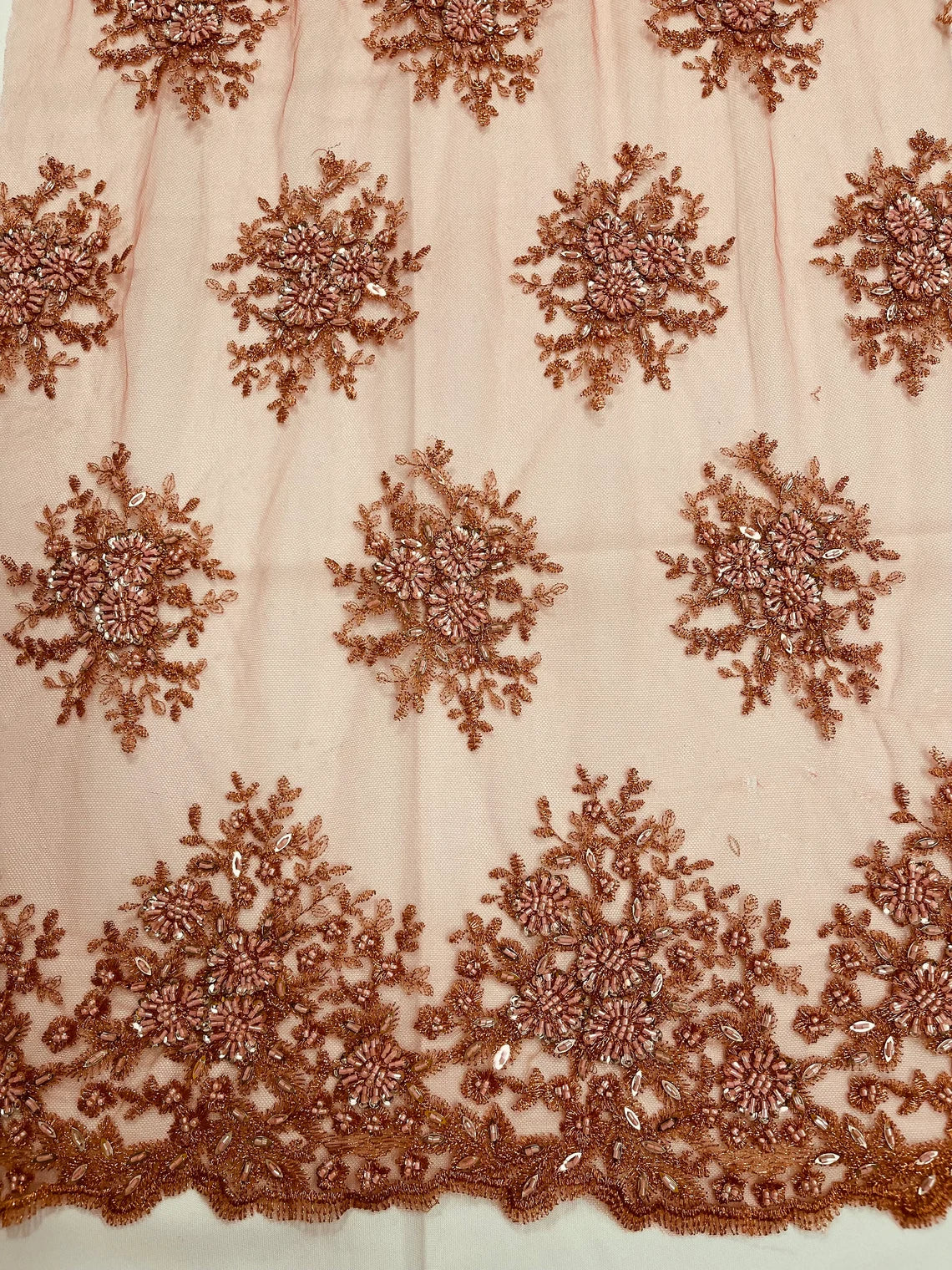Beaded Flower Cluster Fabric - Dark Coral - Beaded Floral Gaviota Design Embroidered On Mesh Sold By Yard