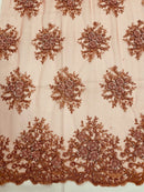 Beaded Flower Cluster Fabric - Dark Coral - Beaded Floral Gaviota Design Embroidered On Mesh Sold By Yard