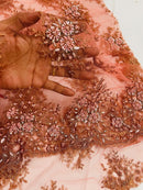 Beaded Flower Cluster Fabric - Dark Coral - Beaded Floral Gaviota Design Embroidered On Mesh Sold By Yard