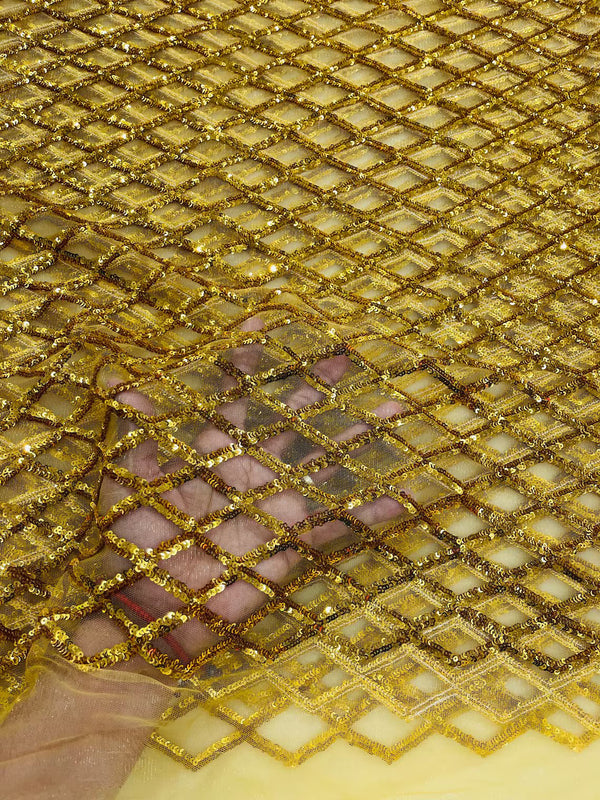 Diamond Sequins Fabric - Dark Gold - Diamond Geometric Net Design on Mesh Lace Fabric By Yard