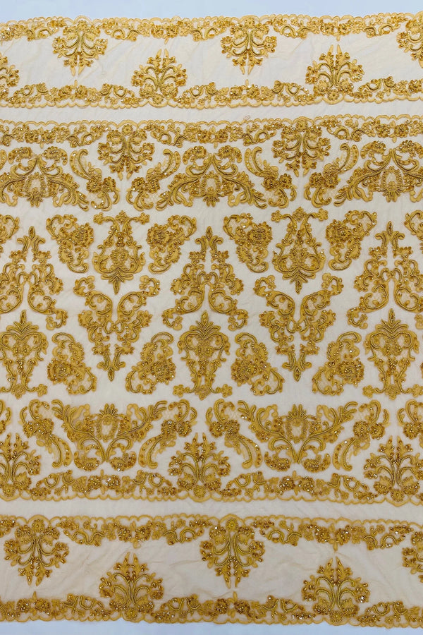 Beaded My Lady Damask Design - Dark Gold - Beaded Fancy Damask Embroidered Fabric By Yard