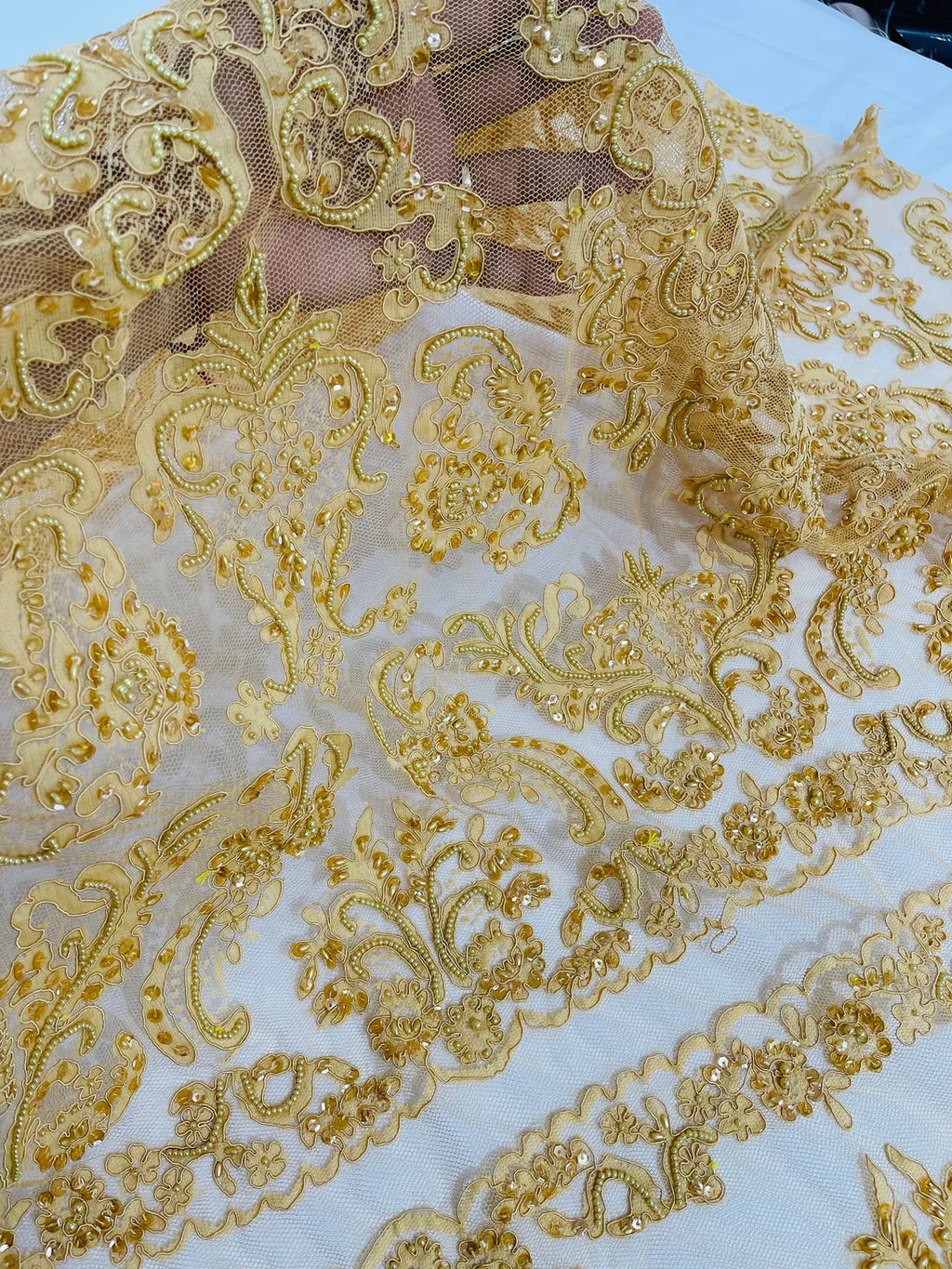 Beaded My Lady Damask Design - Dark Gold - Beaded Fancy Damask Embroidered Fabric By Yard