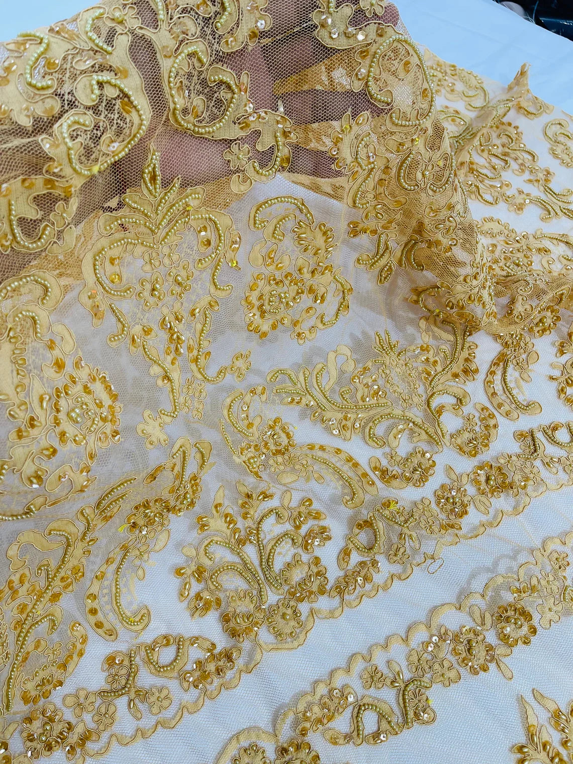 Beaded My Lady Damask Design - Dark Gold - Beaded Fancy Damask Embroidered Fabric By Yard