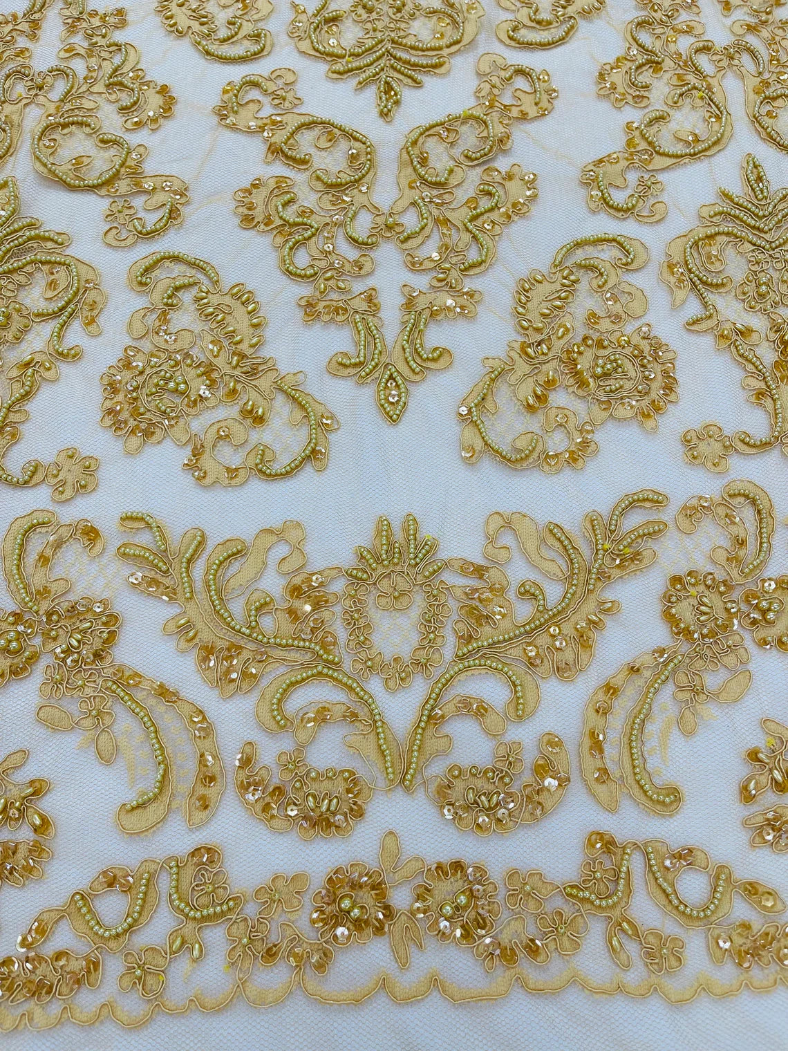 Beaded My Lady Damask Design - Dark Gold - Beaded Fancy Damask Embroidered Fabric By Yard