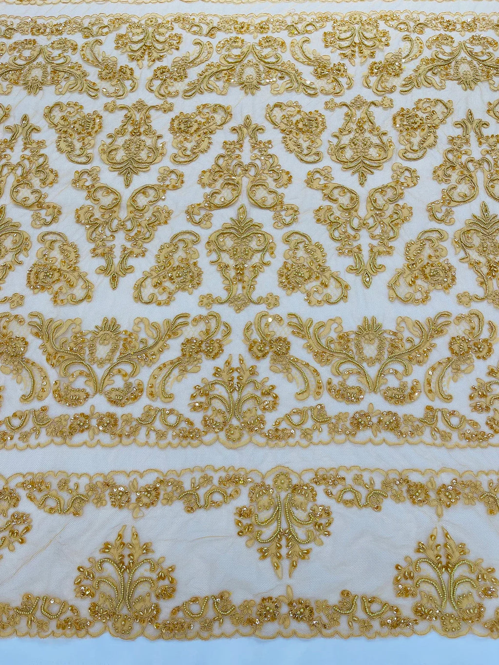 Beaded My Lady Damask Design - Dark Gold - Beaded Fancy Damask Embroidered Fabric By Yard