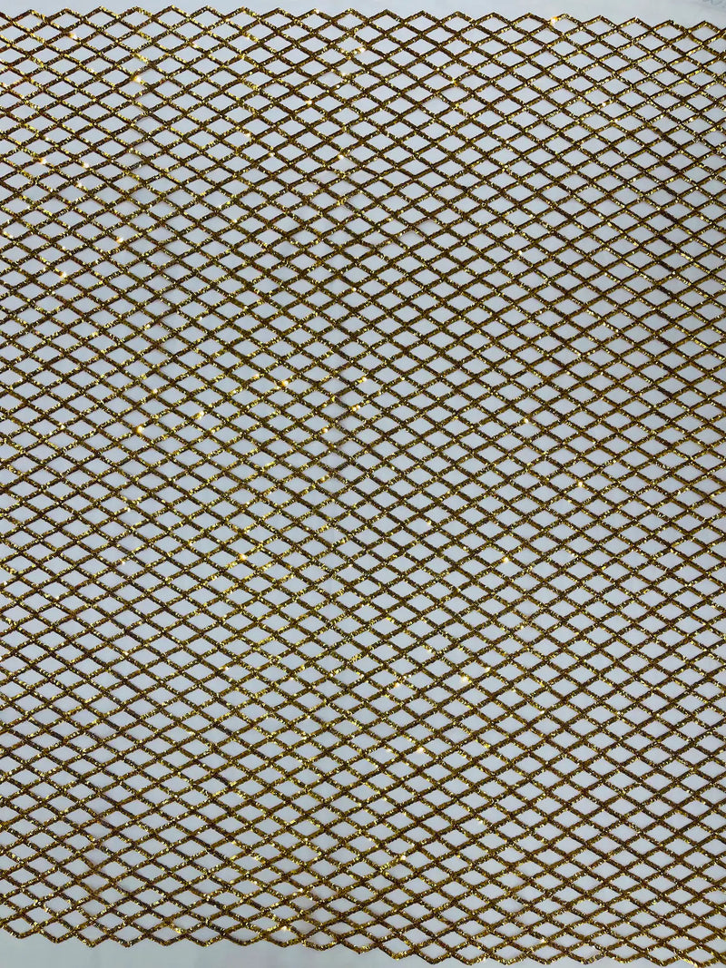 Diamond Sequins Fabric - Dark Gold - Diamond Geometric Net Design on Mesh Lace Fabric By Yard