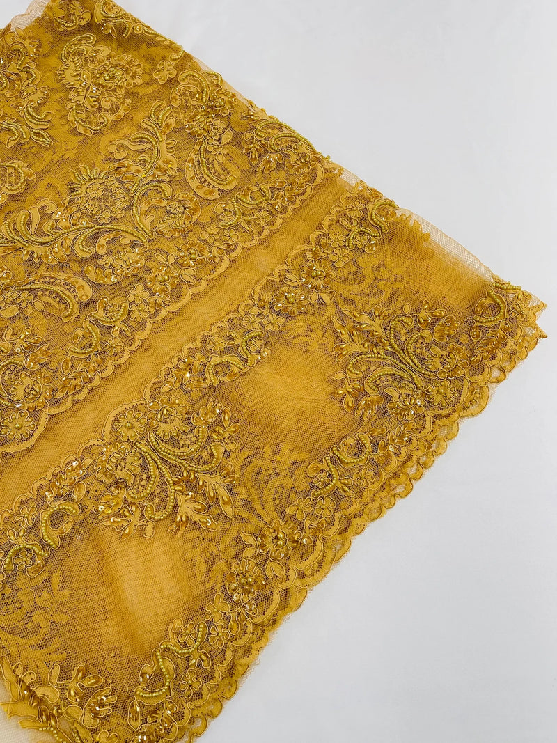 Beaded My Lady Damask Design - Dark Gold - Beaded Fancy Damask Embroidered Fabric By Yard