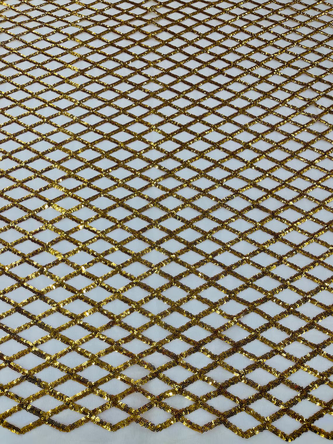 Diamond Sequins Fabric - Dark Gold - Diamond Geometric Net Design on Mesh Lace Fabric By Yard
