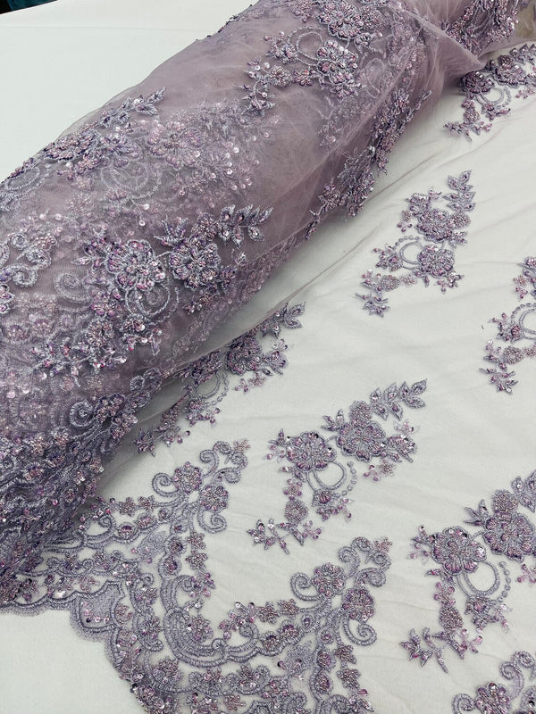 Beaded Floral Fabric - Dark Lavender - Embroidered Flower Cluster Beaded Fabric Sold By Yard