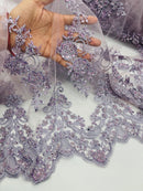 Beaded Floral Fabric - Dark Lavender - Embroidered Flower Cluster Beaded Fabric Sold By Yard