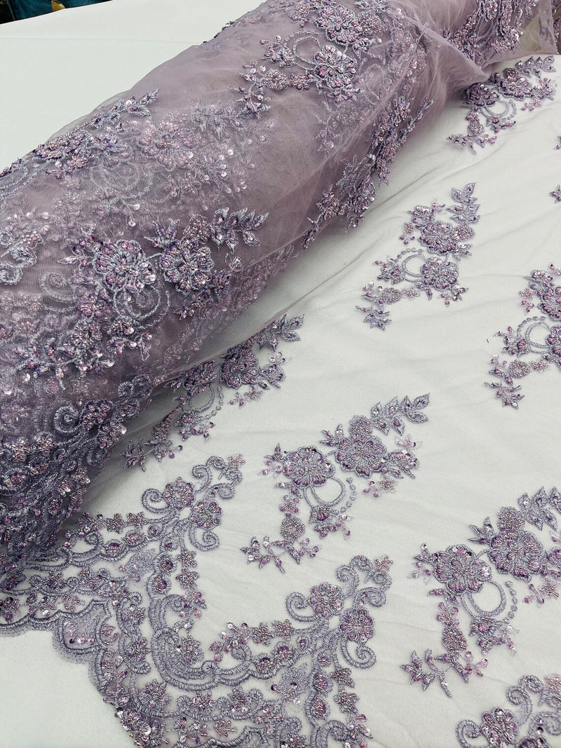 Beaded Floral Fabric - Dark Lavender - Embroidered Flower Cluster Beaded Fabric Sold By Yard